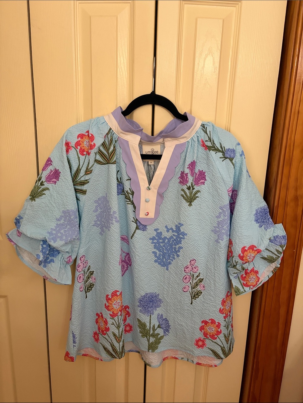 Umgee Light Blue Floral Ruffle Collar Blouse